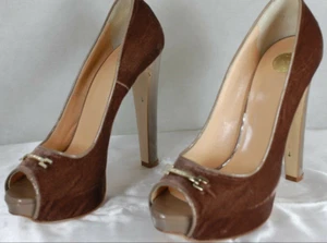 40/10 ❤️MADE IN ITALY HIGH HEEL PLATFORM BROWN VELVET OPEN TPEEPTOE PUMPS - Picture 1 of 11