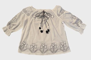 CHELSEA/THEODORE BLOUSE - White Cotton Embroidered Boho Peasant Pullover, Medium - Picture 1 of 9