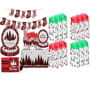 MEHOFOND 194 Pcs Red Buffalo Plaid Disposable Tableware Set , 24 Christmas Gi... - Picture 1 of 7