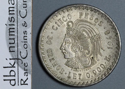 México 1948 - 5 Pesos Cinco Pesos - Plata - Cuauhtémoc - KM465 - Extra Fino Foto 1 de 3