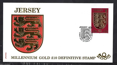 Jersey - "COAT OF ARMS ~ MILLENNIUM" £10 HV 22 Carat Gold Stamp FDC 2000 - Image 1 of 4