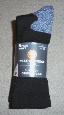 Weatherproof vintage outdoor men's crew socks 5 pairs wool blend fits size 6-12 - Image 1 of 4