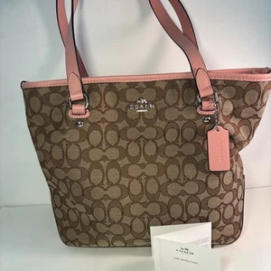 Coach City Zip Tote Shoulder Bag Signature Lt Khaki Blossom Pink F58282 ~ EUC - Picture 1 of 18