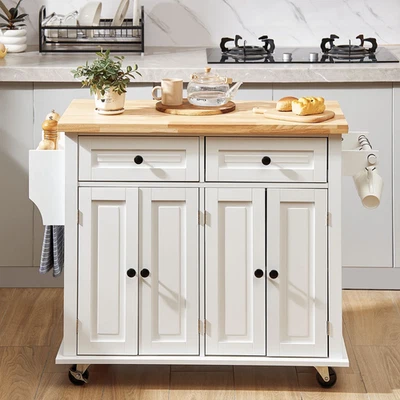 35.4" Kitchen Island Cart on Wheels with Rubberwood Countertop – Mobile & Sturdy - Image 1 of 4