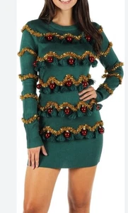 Tipsy Elves Tinsel Tree Christmas Sweater Dress Large - Picture 1 of 7
