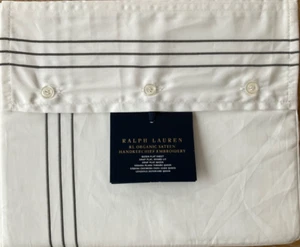 Ralph Lauren ~ Sábana plana ~ Reina ~ Pañuelo de satén bordado ~ 624tc ~ Grafito ~ Nuevo con etiquetas - Imagen 1 de 6