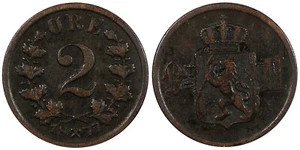 Norway Oscar II Bronze 1877 2 Ore Norwegian Lion BETTER DATE KM# 353 (20 837) - Picture 1 of 3