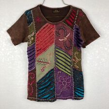Rising International Shirt Women Medium Brown Short Sleeve Patchwork Embroidery