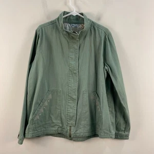 Roxy Womens XL Top Blouse Zip Button Green Woven L/S Pockets Embroidered 10087 - Picture 1 of 6