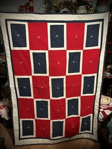 Pretty USA Red White & Blue Vintage Flannel Quilt Patriotic Americana 60" x 44" - Picture 1 of 24