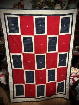 Pretty USA Red White & Blue Vintage Flannel Quilt Patriotic Americana 60" x 44" - Image 1 of 4