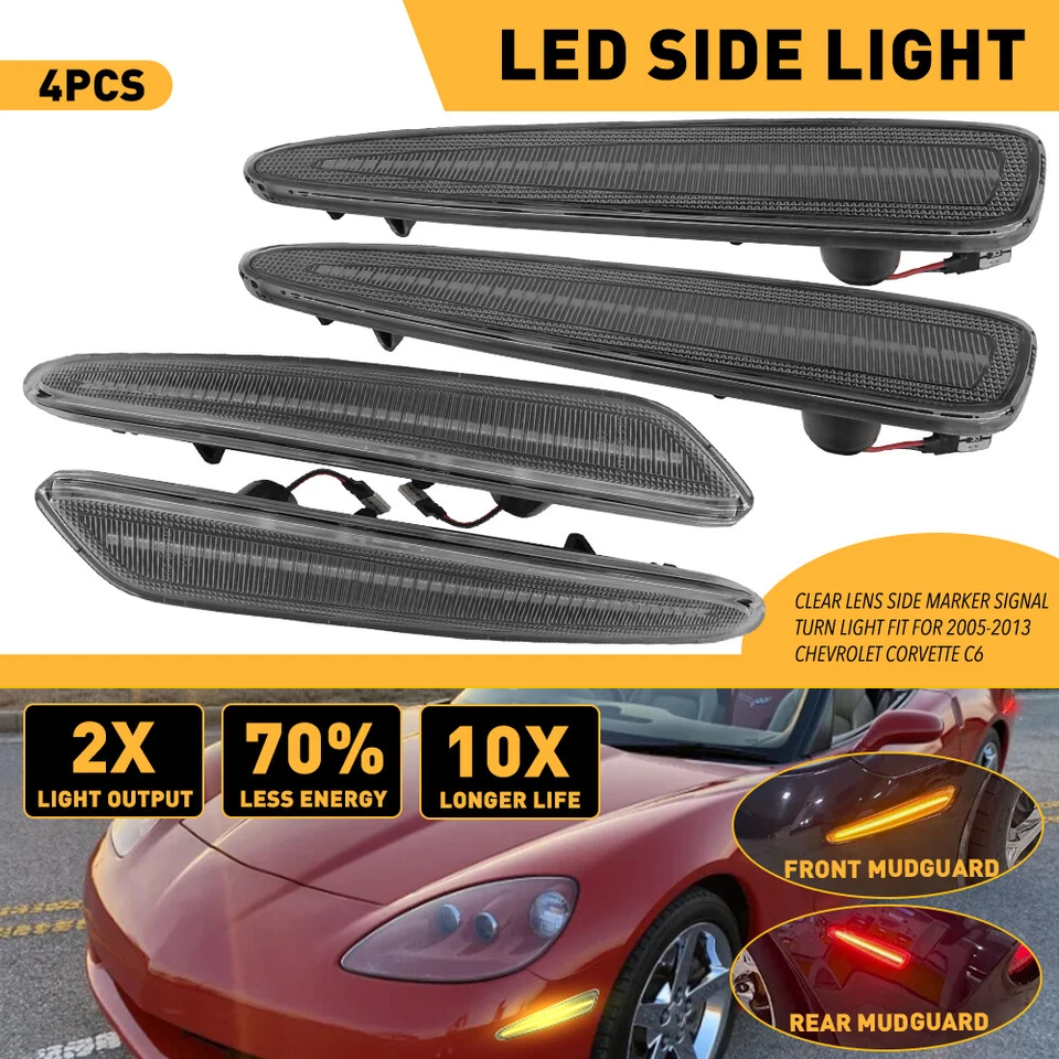Luzes indicadoras laterais dianteiras e traseiras transparentes para Chevrolet Corvette C6 2005-2013 4 peças Y - Imagem 1 de 4