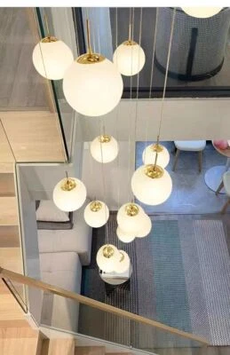 White Glass Ball Chandelier Living Room Villa Stairs Restaurant Pendant Lamp - Image 1 of 4