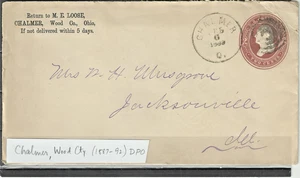Papelería de EE. UU.: 1889 Chalmer, Wood Cty., Ohio (1887-92) DPO a Jacksonville IL - Imagen 1 de 2