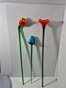 Arte Vidrio Flores Naranja y Azul Verde Largo 39cm y 50cm Tallos Decoración Hogar Lote de 3 - Imagen 1 de 14