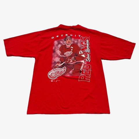 Vintage 90s Detroit Red Wings NHL Steve Yzerman Captain Red Jersey T Shirt Large Cover