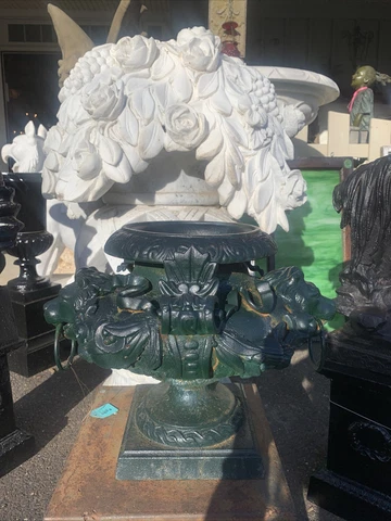 Pair Antique Ornate French Victorian Cast Iron Ornate Jardiniere Garden Urns Cover