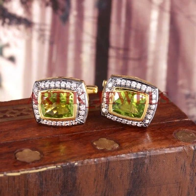 Pedra preciosa peridoto natural com abotoadura de prata esterlina 925 folheada a ouro #2814 - Imagem 1 de 3