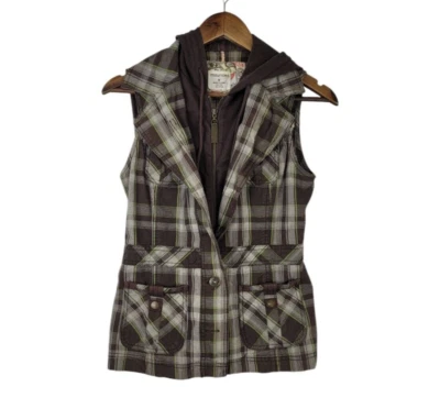 Maurices Y2K 00s коричневый зеленый клетку жилет куртка женщин S без рукавов с капюшоном ретро - Изображение 1 из 4