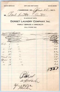 1932 CAMBRIDGE MARYLAND MD DORSET LAUNDRY CO QUICK FAMILY SERVICE BILLHEAD - Picture 1 of 2
