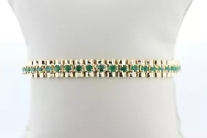 14K Yellow Gold 3.60 TCW Emerald Bar Log Link Style 7MM Tennis Bracelet - 7.25" - Picture 1 of 11