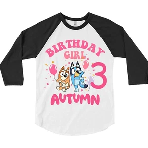 Blue Dog Birthday Shirt Personalized Bluey Birthday Girl Birthday Boy Raglan Tee - Picture 1 of 5