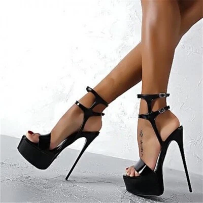 Sandalias negras de tacón a rayas charol plataforma aguja zapatos sexy para mujer Foto 1 de 4