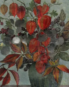 Vintage Foil Art Print Chinese Lantern & Silver Dollar Plants A E Hayes 8.5x6.5 - Picture 1 of 3