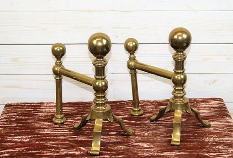 Pair Antique Arts and Crafts Aesthetic Brass Fireplace Grate Andirons Fire Dogs Cover