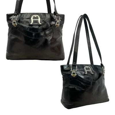 Vintage 60s 70s ETIENNE AIGNER Handmade Leather Shoulder Bag Tote Handbag BLACK - Image 1 of 4