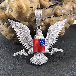Ciondolo Pistole Bandiera Aquila Rodio Argento Sterling 925 Solido con Zirconia - Foto 1 di 8