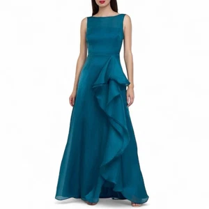 JS Collections Women's Teal Quartz Nikita Cascade Ruffle Organza Gown Size 8 - Picture 1 of 13