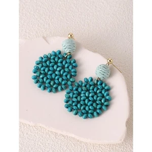 NEW Teal Wooden Beaded Drop Dangle Earrings Balls Vacation Resortwear Cruise - Picture 1 of 6