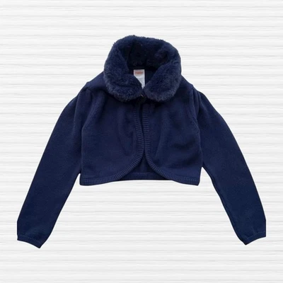 Cárdigan recortado con cuello de piel sintética azul manga larga talla 7 Gymboree para niñas Foto 1 de 4