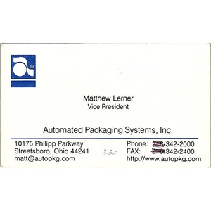 Sistemas de embalaje automatizados Matthew Lerner Streetsboro tarjeta OH STK2-BC4-10 - Imagen 1 de 2