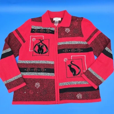 Allison Daley Petite PM/M Red Black Cat Paw Print Zip Cardigan Sweater Top - Image 1 of 4