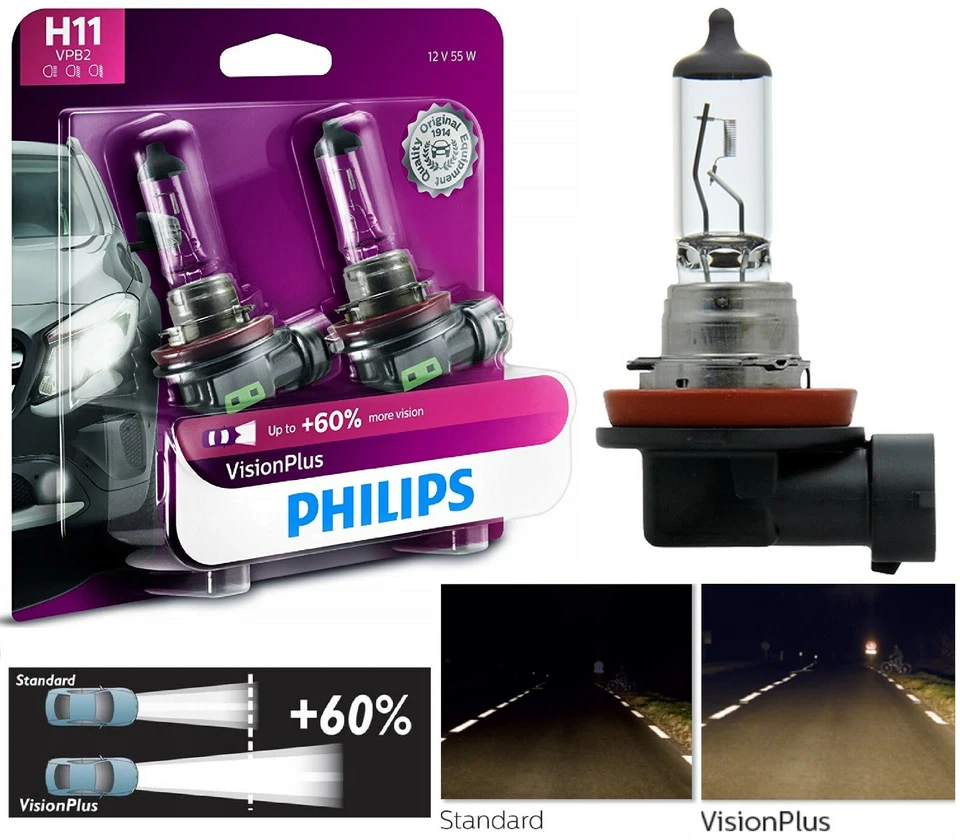Philips VIsion Plus 60% H11 55W Two Bulbs Head Light High Beam Replace Upgrade - Image 1 of 4