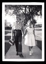 LUNCH BOX GIRL & LEVIS JEANS BOY HOLD HANDS GOING to SCHOOL ~ 1950s PHOTO