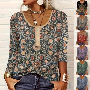 Plus Size Women Floral Boho Tunic Tops T-Shirt Ladies Long Sleeve Loose Blouse - Picture 1 of 27
