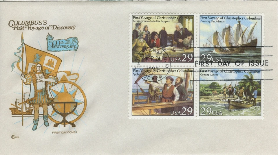 #2620-2623a Plate Block of 4 Voyages of Columbus Farnam, Hand-painted Cachet - Image 1 of 1
