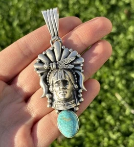 Navajo 925 Sterling Silver Turquoise Indian Chief Head Pendant Southwestern - Picture 1 of 12