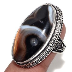 Banded Black Onyx Ethnic Gemstone Handmade Vintage Ring Jewelry Size-8 JW