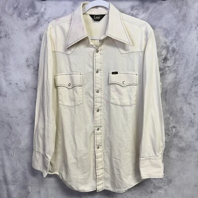 复古 70 年代 Lee 纽扣按扣衬衫男式大号白色长袖美国制造 — 第 1/4 张图片