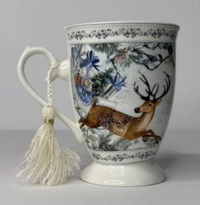 Delton Products BV Christmas Reindeer Pulling Sled Porcelain Mug Cup W/tassel 4” - Picture 1 of 10