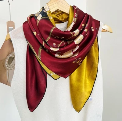 100% Silk Plain satin Scarf Bandanna Square Shawl yellow red Print Wrap 43" - Image 1 of 4