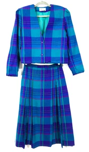 Vintage 80s Tartan Plaid Wool Vivid Preppy Power Suit Midi Skirt Box Jacket M - Picture 1 of 4