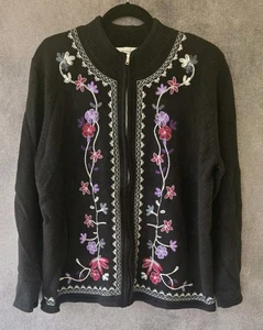 Dress Barn Vintage Blumen Strickjacke durchgehender Reißverschluss Damen Gr. 18/20 plus Stickerei 80er - Bild 1 von 7