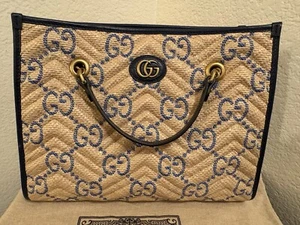 Gucci Marmont Raffia GG Tote Blue White - Picture 1 of 13