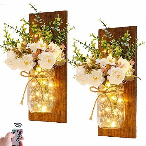 Rustic Wall Sconces Mason Jar Handmade Art Hanging Design W Remote Control LED F