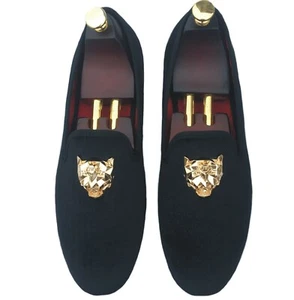 Mocasines de terciopelo hechos a mano para hombre Zapatos de vestir sin cordones con hebilla dorada Zapatillas planas - Imagen 1 de 14